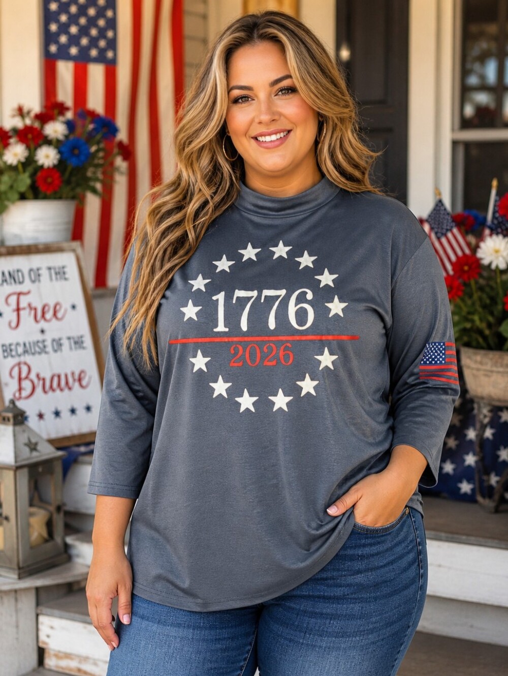NWOT 1776 2026 Patriotic Shirt Womens 3XL‎ Gray 3/4 Sleeve USA Flag Independence